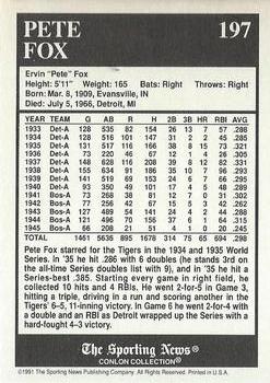 1991 Conlon Collection TSN - No MLB Logo #197 Pete Fox Back