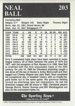 1991 Conlon Collection TSN - No MLB Logo #203 Neal Ball Back