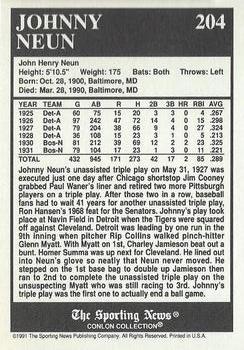 1991 Conlon Collection TSN - No MLB Logo #204 Johnny Neun Back