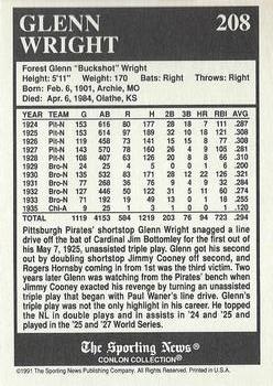 1991 Conlon Collection TSN - No MLB Logo #208 Glenn Wright Back
