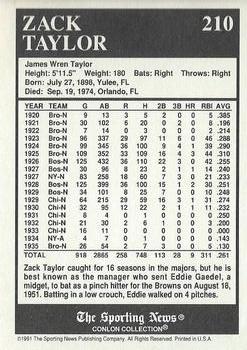 1991 Conlon Collection TSN - No MLB Logo #210 Zack Taylor Back