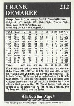 1991 Conlon Collection TSN - No MLB Logo #212 Frank Demaree Back