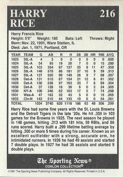 1991 Conlon Collection TSN - No MLB Logo #216 Harry Rice Back