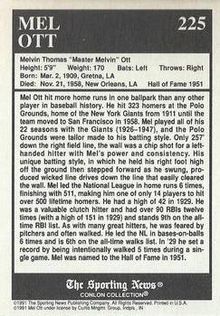 1991 Conlon Collection TSN - No MLB Logo #225 Mel Ott Back