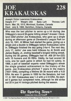 1991 Conlon Collection TSN - No MLB Logo #228 Joe Krakauskas Back