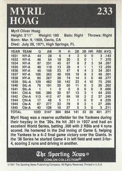 1991 Conlon Collection TSN - No MLB Logo #233 Myril Hoag Back