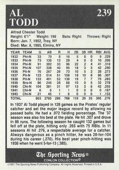 1991 Conlon Collection TSN - No MLB Logo #239 Al Todd Back