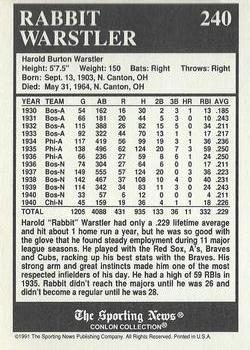 1991 Conlon Collection TSN - No MLB Logo #240 Rabbit Warstler Back