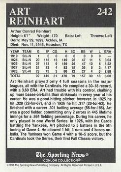 1991 Conlon Collection TSN - No MLB Logo #242 Art Reinhart Back