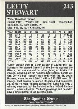 1991 Conlon Collection TSN - No MLB Logo #243 Lefty Stewart Back