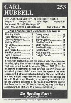 1991 Conlon Collection TSN - No MLB Logo #253 Carl Hubbell Back