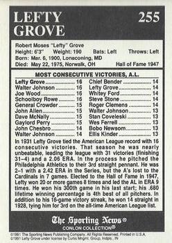 1991 Conlon Collection TSN - No MLB Logo #255 Lefty Grove Back