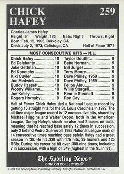 1991 Conlon Collection TSN - No MLB Logo #259 Chick Hafey Back