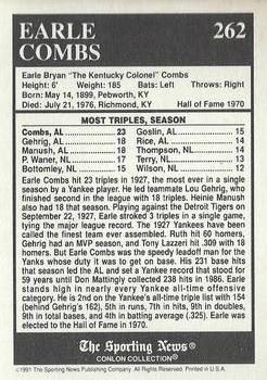 1991 Conlon Collection TSN - No MLB Logo #262 Earle Combs Back