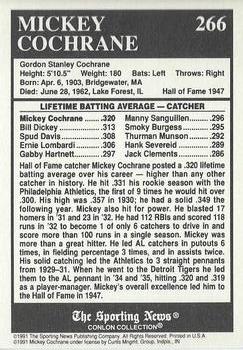 1991 Conlon Collection TSN - No MLB Logo #266 Mickey Cochrane Back