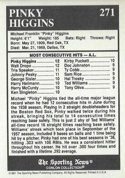 1991 Conlon Collection TSN - No MLB Logo #271 Pinky Higgins Back
