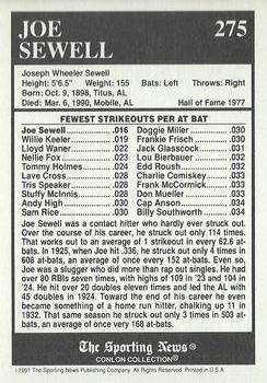 1991 Conlon Collection TSN - No MLB Logo #275 Joe Sewell Back