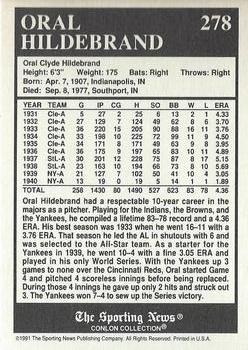 1991 Conlon Collection TSN - No MLB Logo #278 Oral Hildebrand Back