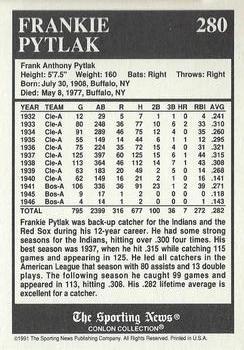 1991 Conlon Collection TSN - No MLB Logo #280 Frankie Pytlak Back