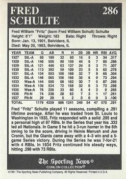 1991 Conlon Collection TSN - No MLB Logo #286 Fred Schulte Back