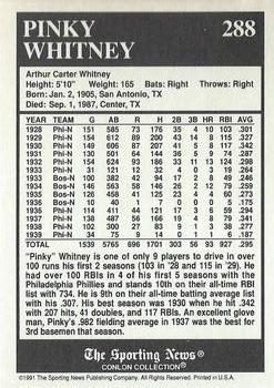 1991 Conlon Collection TSN - No MLB Logo #288 Pinky Whitney Back