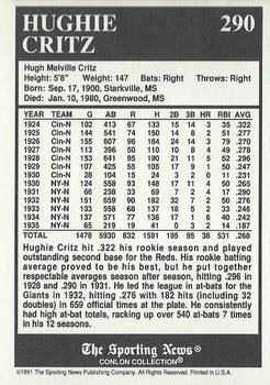 1991 Conlon Collection TSN - No MLB Logo #290 Hughie Critz Back