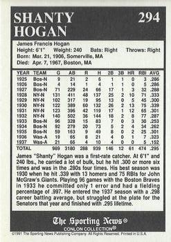 1991 Conlon Collection TSN - No MLB Logo #294 Shanty Hogan Back