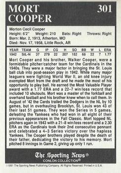 1991 Conlon Collection TSN - No MLB Logo #301 Mort Cooper Back
