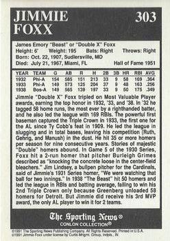 1991 Conlon Collection TSN - No MLB Logo #303 Jimmie Foxx Back