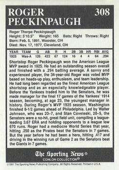 1991 Conlon Collection TSN - No MLB Logo #308 Roger Peckinpaugh Back
