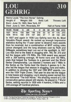 1991 Conlon Collection TSN - No MLB Logo #310 Lou Gehrig Back