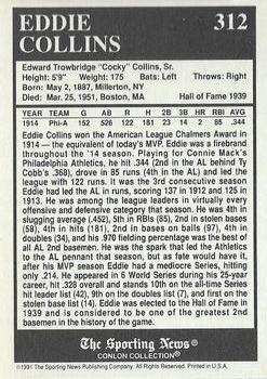 1991 Conlon Collection TSN - No MLB Logo #312 Eddie Collins Back