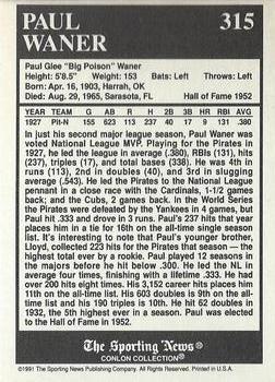1991 Conlon Collection TSN - No MLB Logo #315 Paul Waner Back