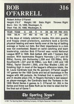 1991 Conlon Collection TSN - No MLB Logo #316 Bob O'Farrell Back