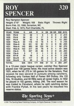1991 Conlon Collection TSN - No MLB Logo #320 Roy Spencer Back
