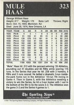 1991 Conlon Collection TSN - No MLB Logo #323 Mule Haas Back