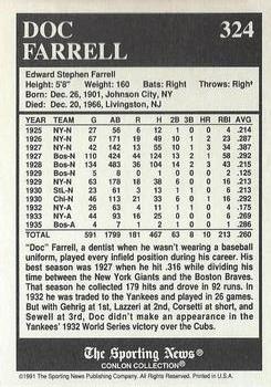 1991 Conlon Collection TSN - No MLB Logo #324 Doc Farrell Back