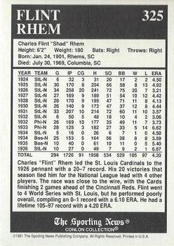 1991 Conlon Collection TSN - No MLB Logo #325 Flint Rhem Back