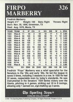 1991 Conlon Collection TSN - No MLB Logo #326 Firpo Marberry Back