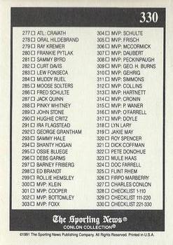 1991 Conlon Collection TSN - No MLB Logo #330 Checklist: 221-330 Back