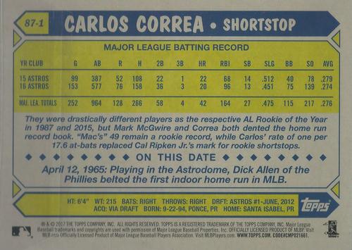2017 Topps 1987 Topps Baseball 30th Anniversary 5x7 #87-1 Carlos Correa Back