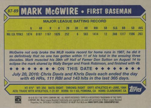 2017 Topps 1987 Topps Baseball 30th Anniversary 5x7 #87-89 Mark McGwire Back