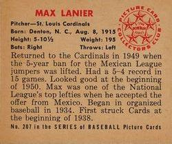 1950 Bowman #207 Max Lanier Back