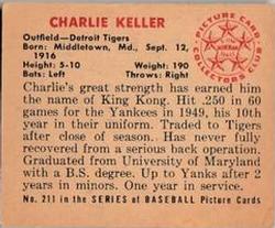 1950 Bowman #211 Charlie Keller Back