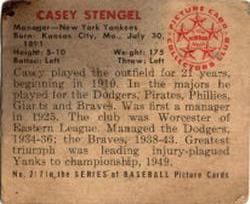 1950 Bowman #217 Casey Stengel Back