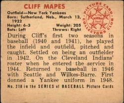 1950 Bowman #218 Cliff Mapes Back