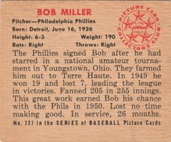 1950 Bowman #227 Bob Miller Back