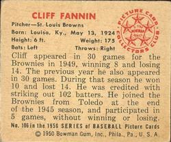 1950 Bowman #106 Cliff Fannin Back
