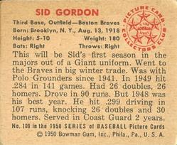1950 Bowman #109 Sid Gordon Back