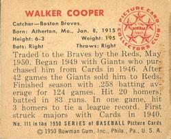 1950 Bowman #111 Walker Cooper Back